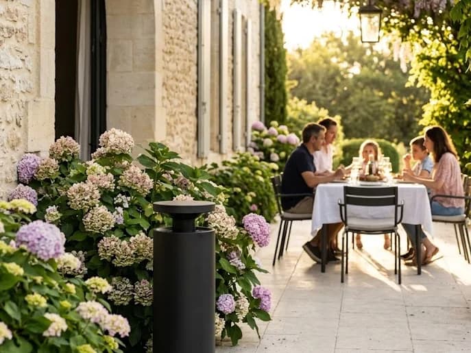 Repas de famille sur une terrasse en pierre sous une glycine, massif d'hortensias et borne anti-moustiques en bordure