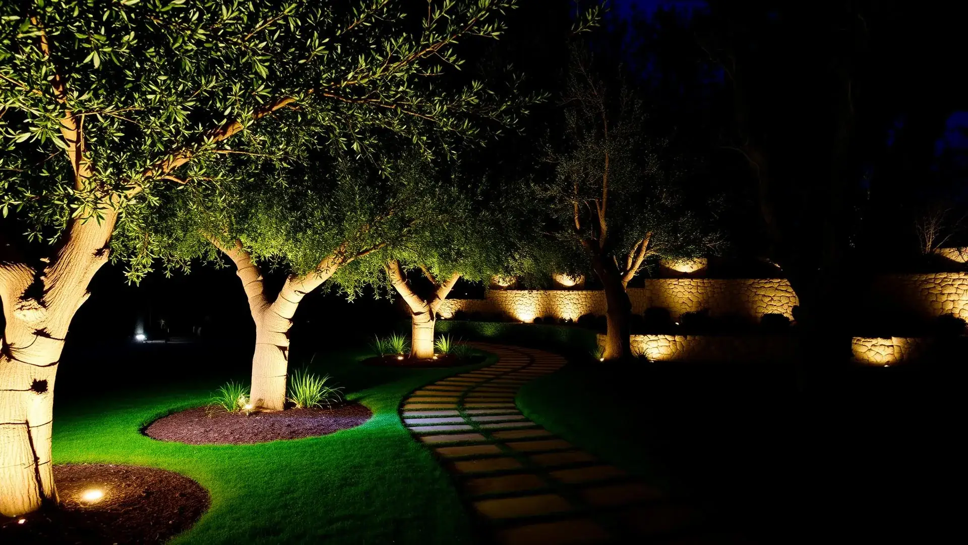 Allée de jardin en pas japonais éclairée à la nuit tombée, oliviers mis en lumière