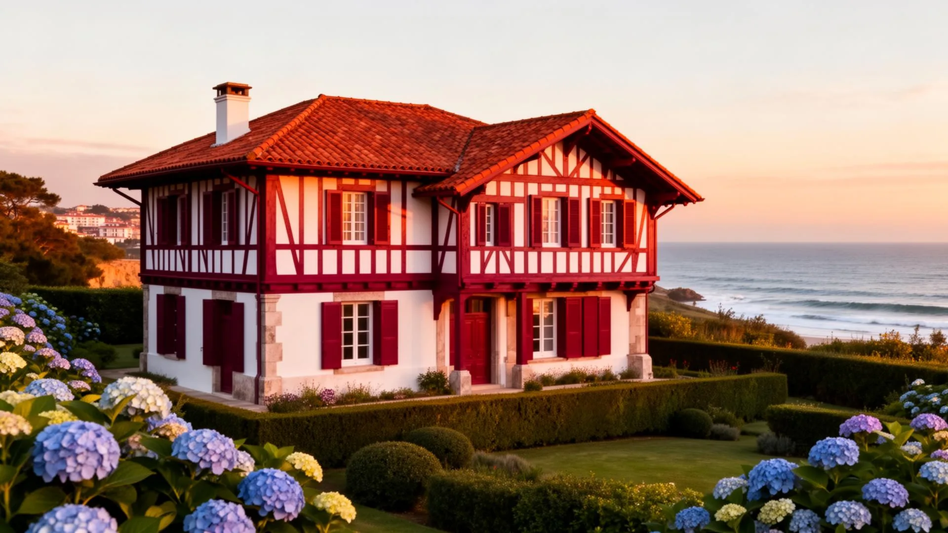 Façade d'une maison basque à colombage rouge au soleil couchant, bordée d'hortensias