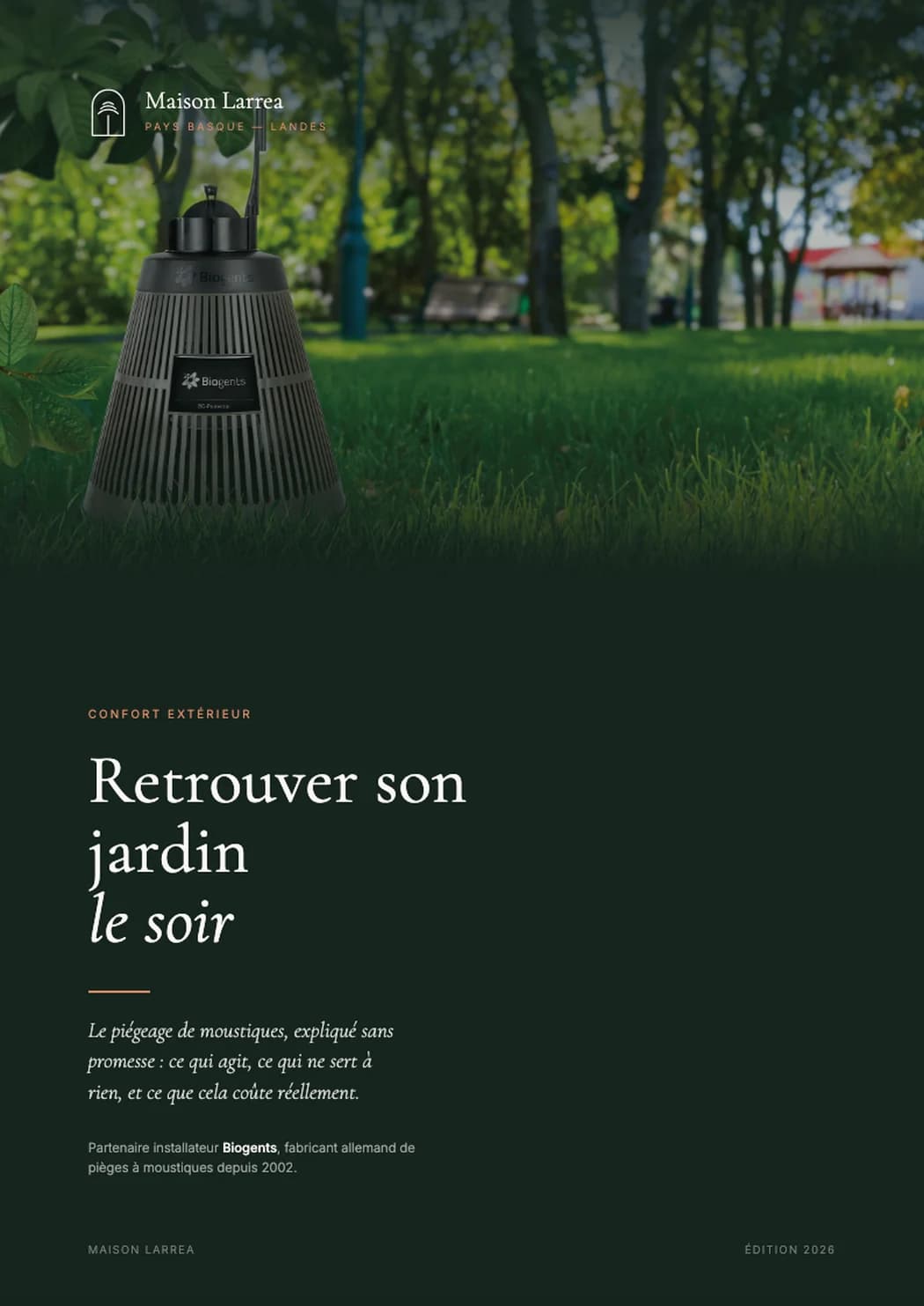 Couverture de la plaquette : piège anti-moustiques sur une pelouse, sous le titre « Retrouver son jardin le soir »