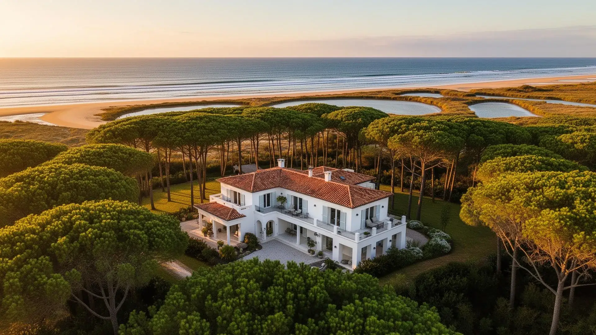 Vue aérienne d'une villa blanche isolée dans une pinède landaise, plage et océan à l'horizon