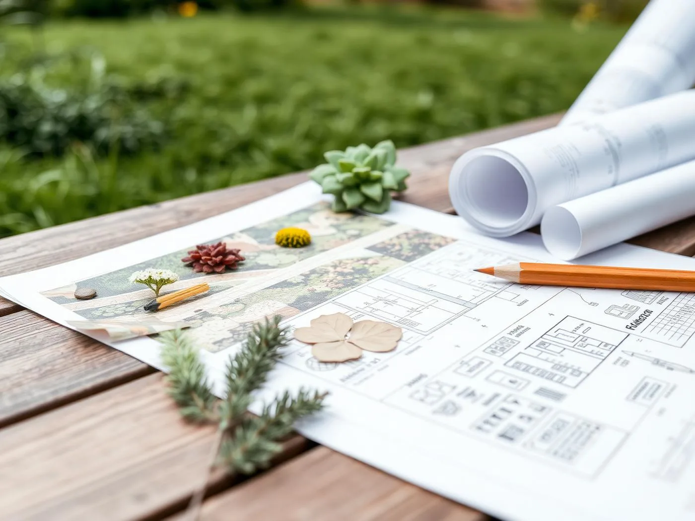 Plan de masse déroulé sur une table de travail, crayon et échantillons de végétaux